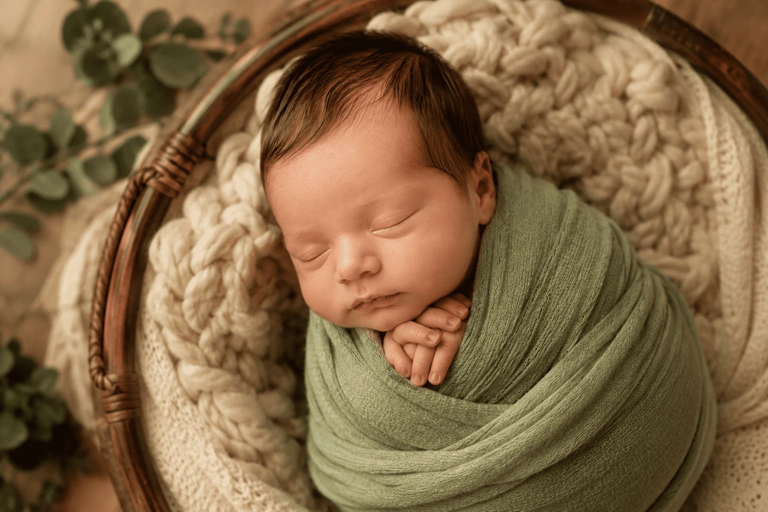 Bebê dormindo no aconchego do lar durante sessão newborn